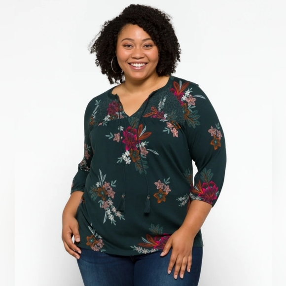 DANIEL RAINN Elowen Smocked Tassel Detail Knit Top Floral Green 3/4 Slee… - Picture 2 of 13